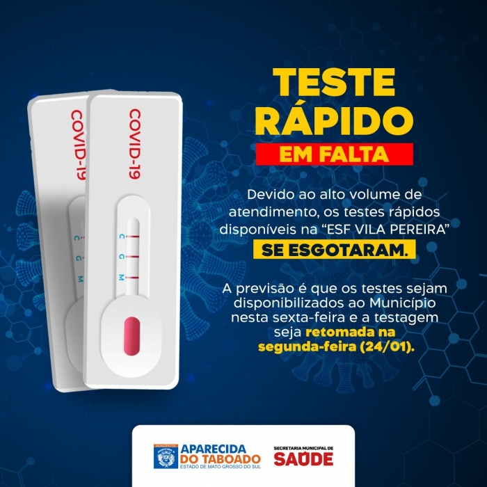 Alta demanda provoca desabastecimento de testes rápidos para Covid-19 e Secretaria de Saúde espera receber novo lote nesta sexta-feira